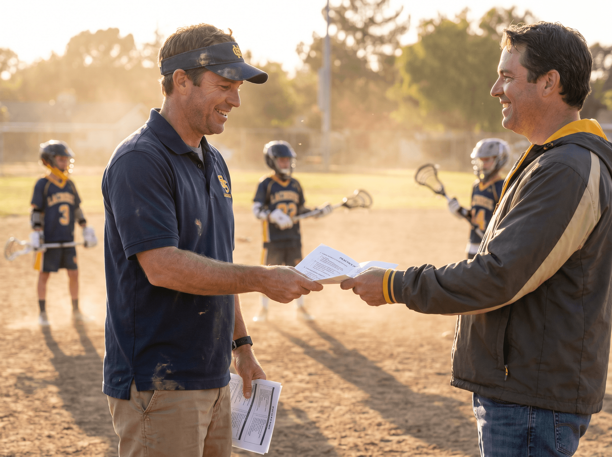 A coach handing a printed lacrosse practice plan to a parent at a youth field at golden hour
