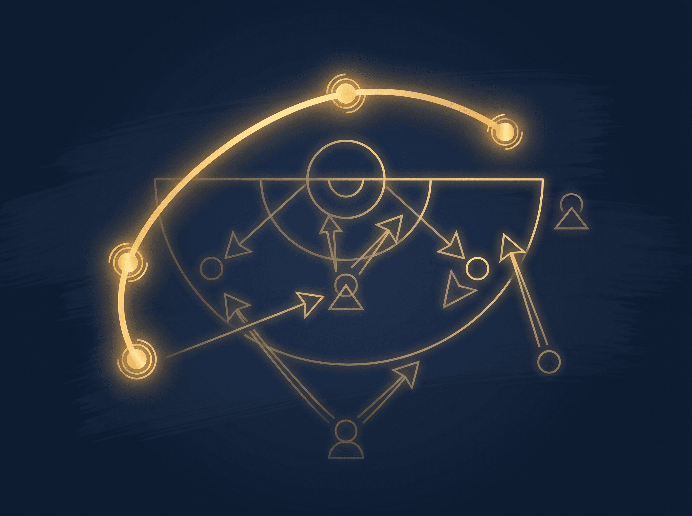 A lacrosse man-up set diagrammed on dark navy with three glowing gold decision-point markers
