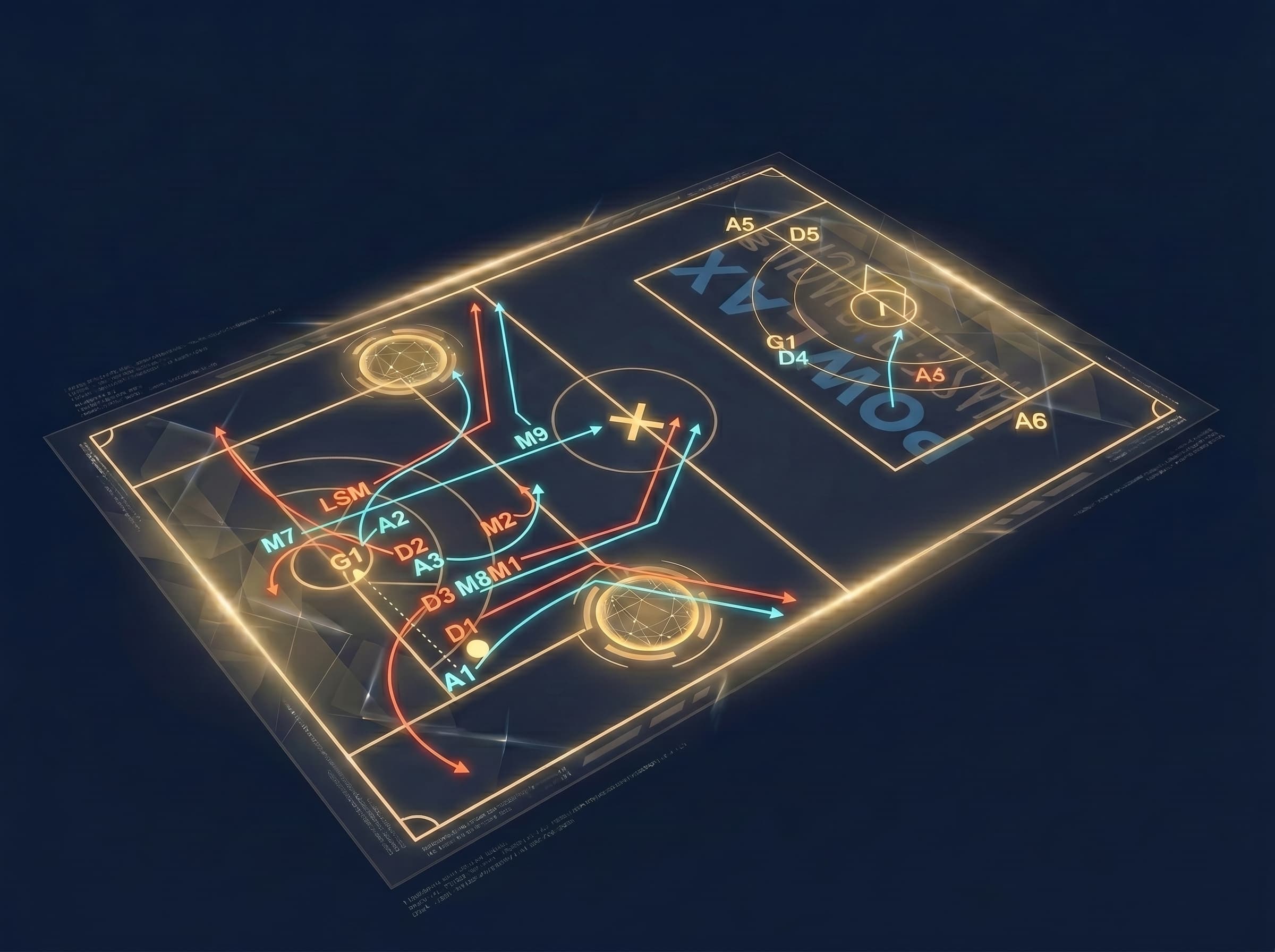 Glowing POWLAX lacrosse play diagram on a dark navy field with gold and blue player movement paths and labeled decision points