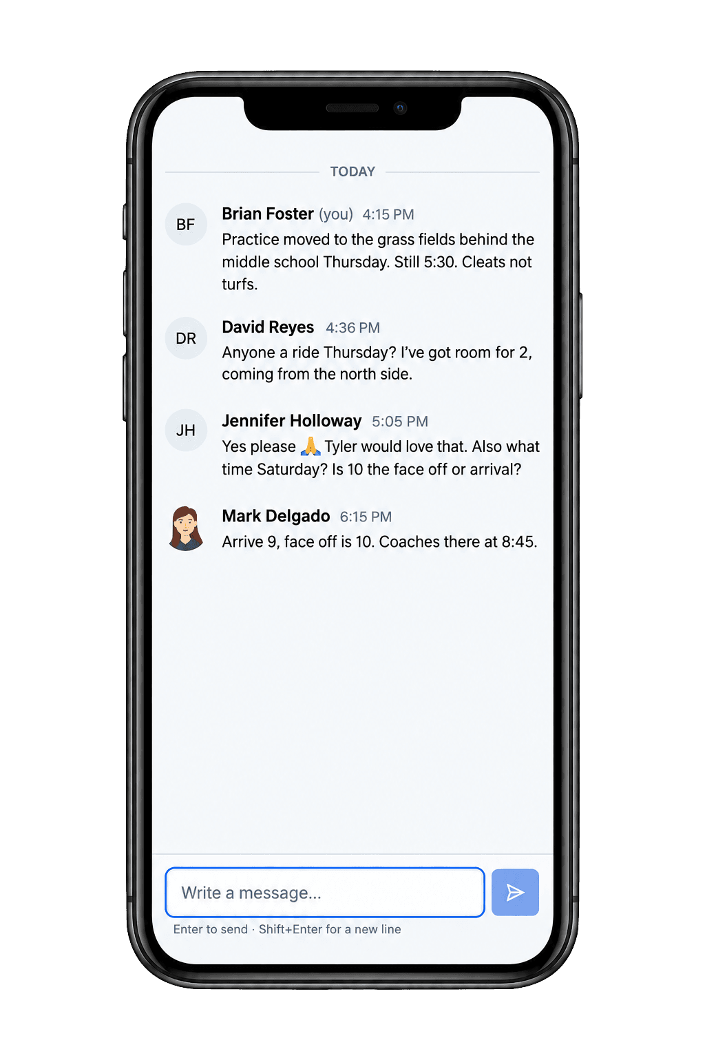 A phone showing a team board: a coach posts that Thursday practice moved to the grass fields at 5:30, a parent offers a ride for two, another parent asks whether ten o’clock is the face off or the arrival, and a coach answers arrive at nine.