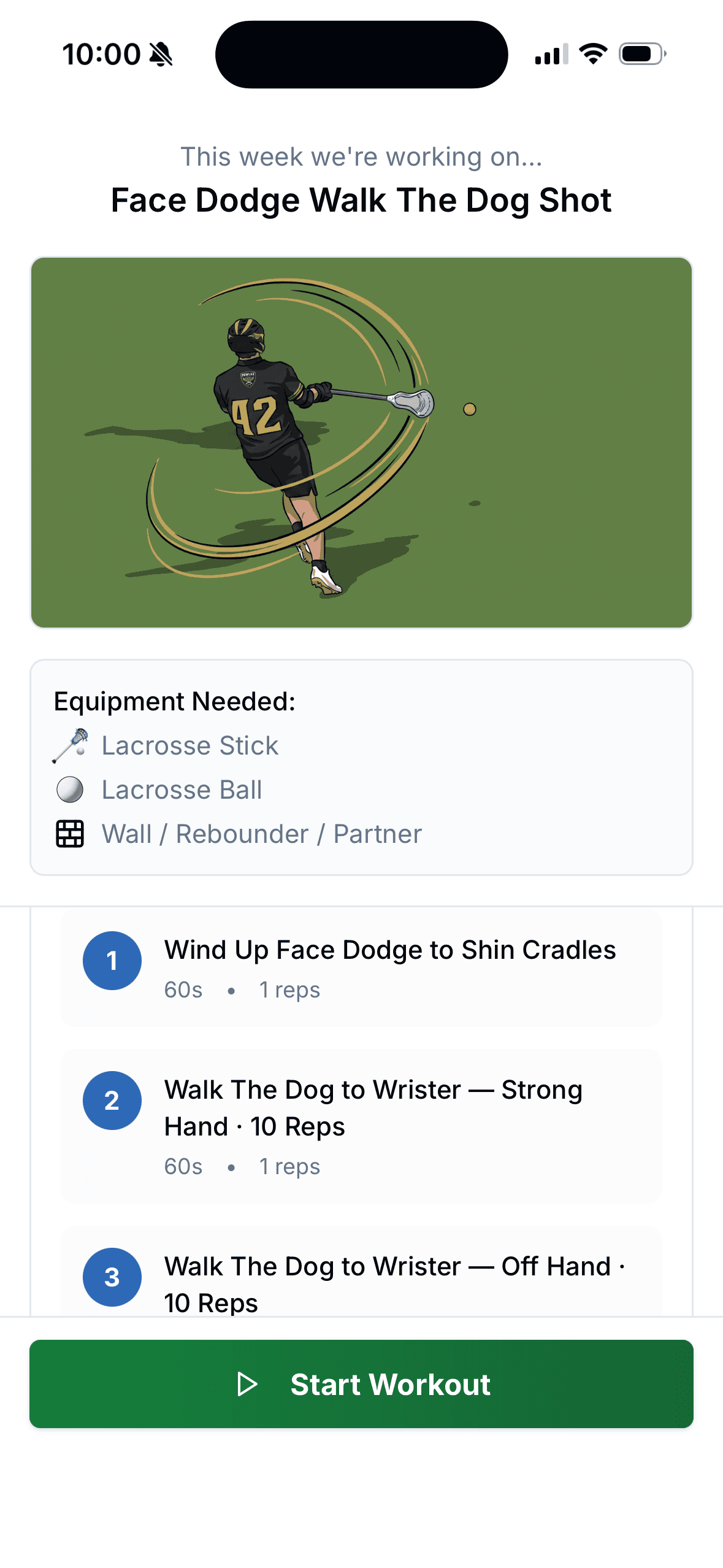 POWLAX this week's free workout on a phone: Face Dodge Walk The Dog Shot, with the equipment needed, the drill list, and a Start Workout button