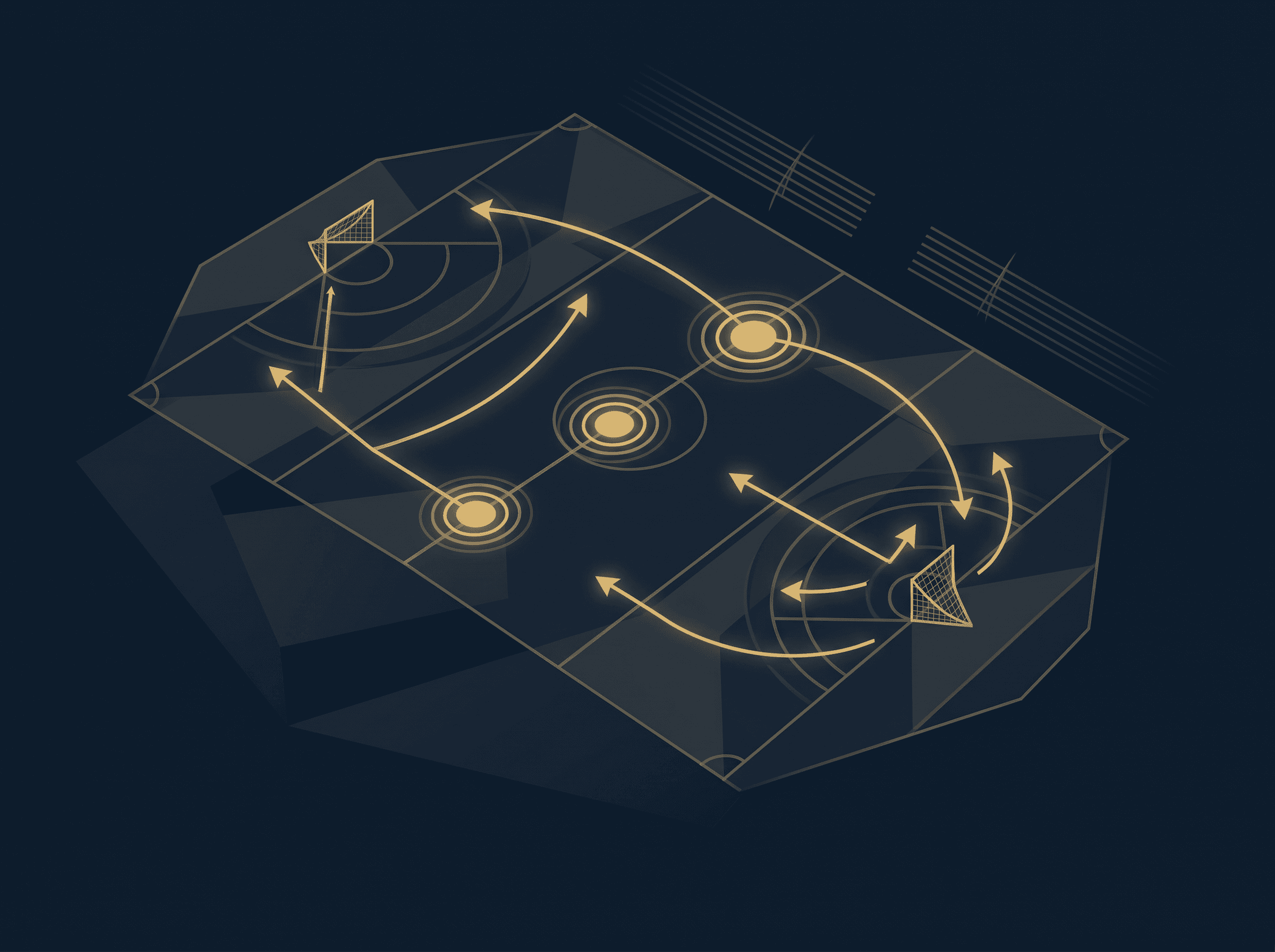 Tactical lacrosse play diagram on a navy background with three glowing gold decision-point markers