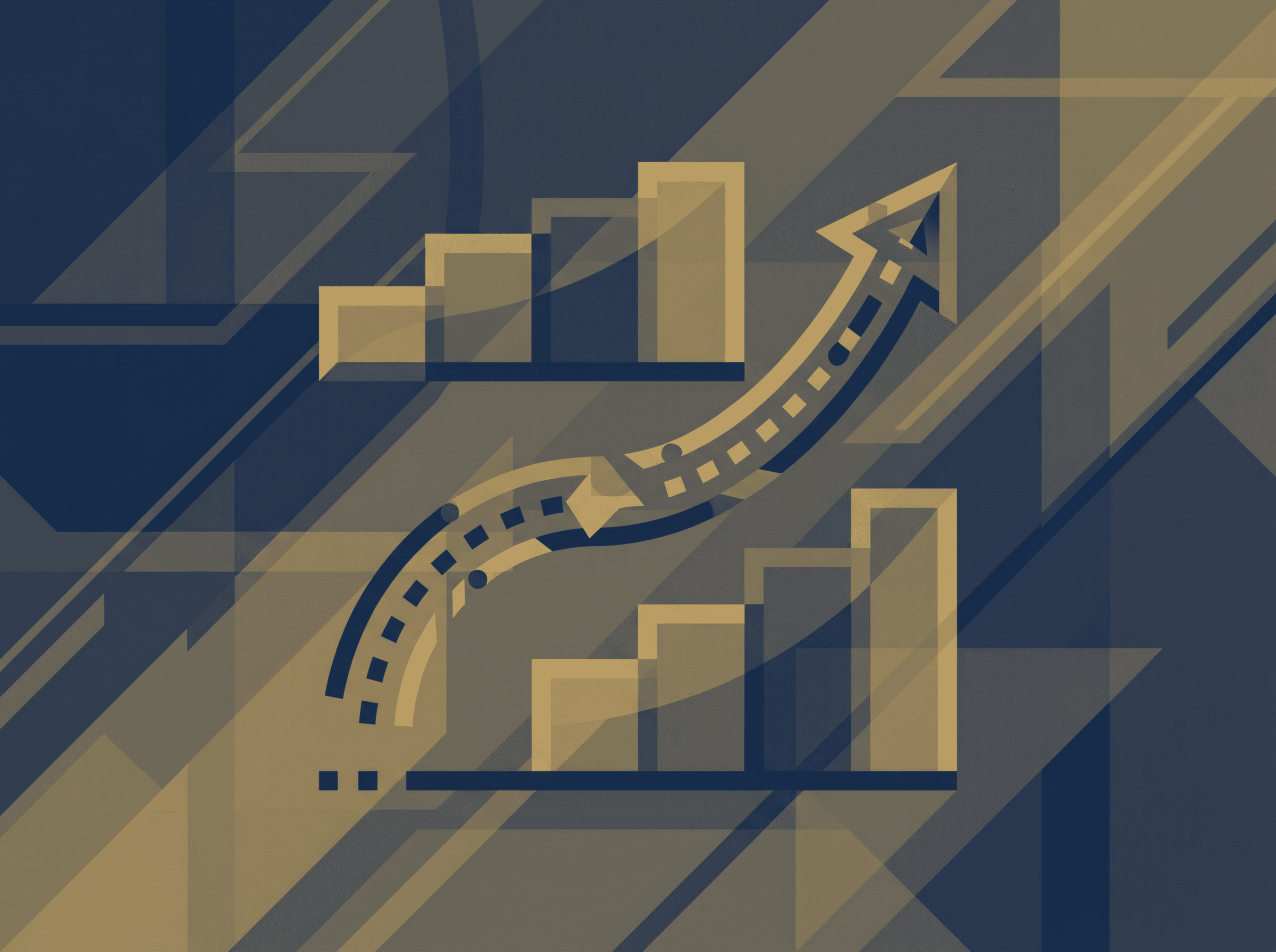 Abstract illustration of two tier-bar shapes with an upward arrow connecting them