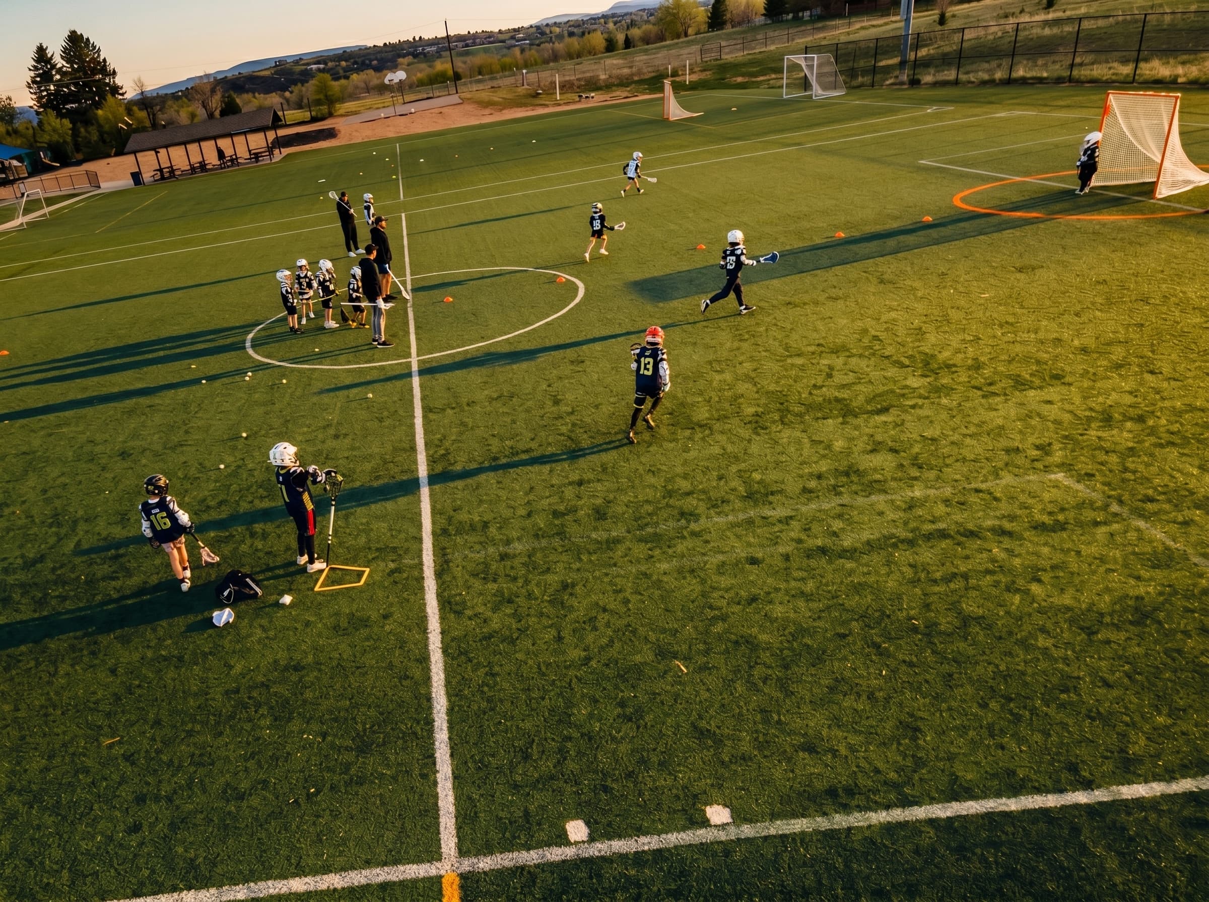 Overhead shot of a full youth lacrosse practice with multiple groups working