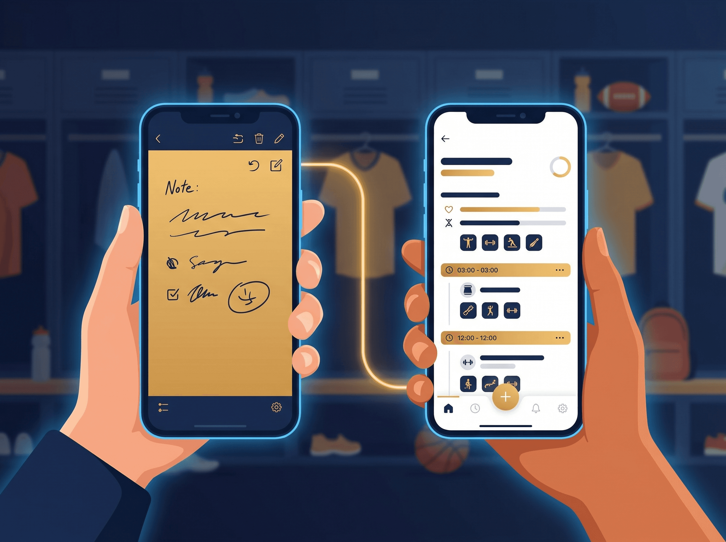 A coach's phone note transforming into a structured workout on a player's phone