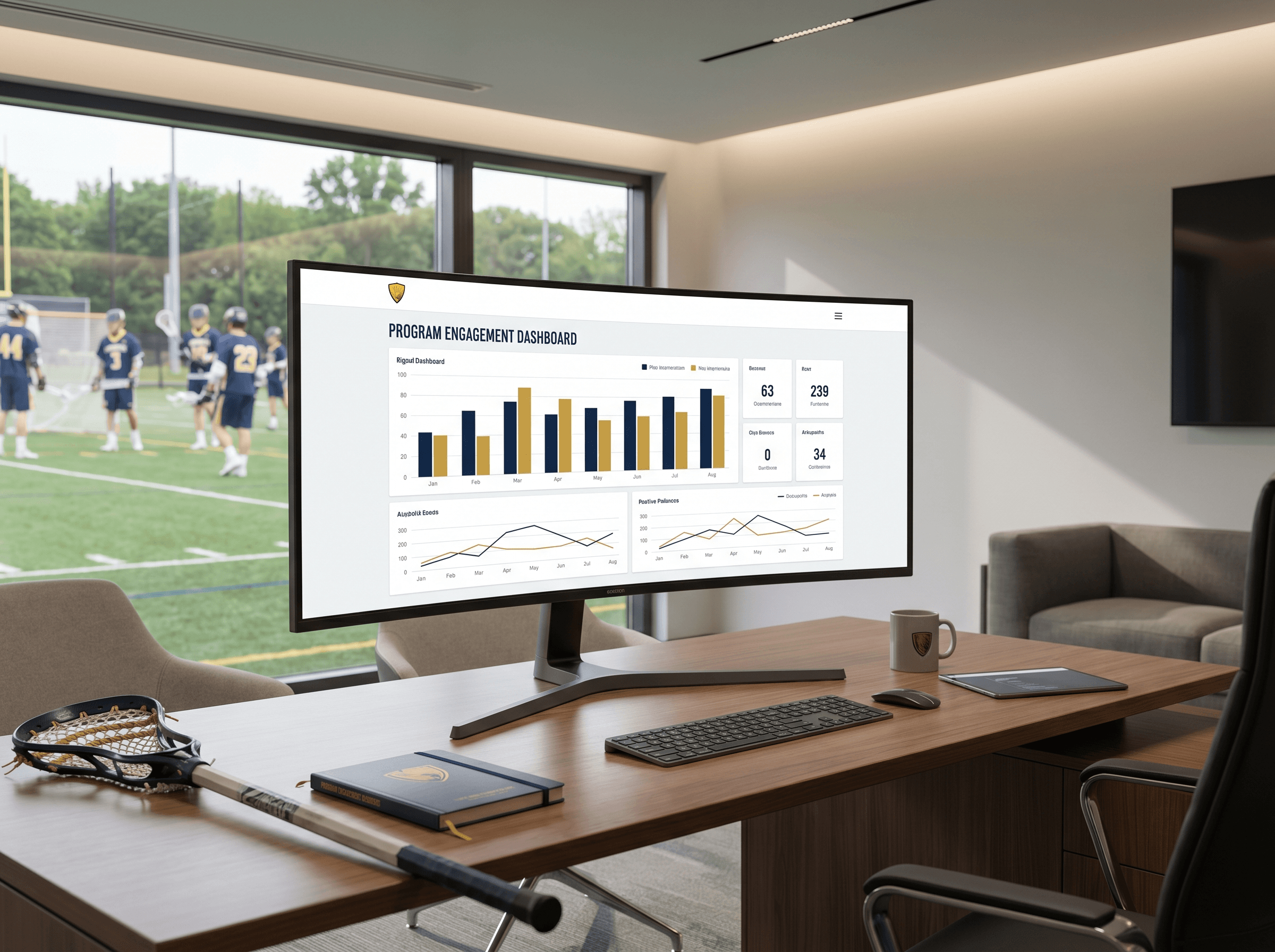 A director's desktop dashboard showing program-wide lacrosse engagement metrics