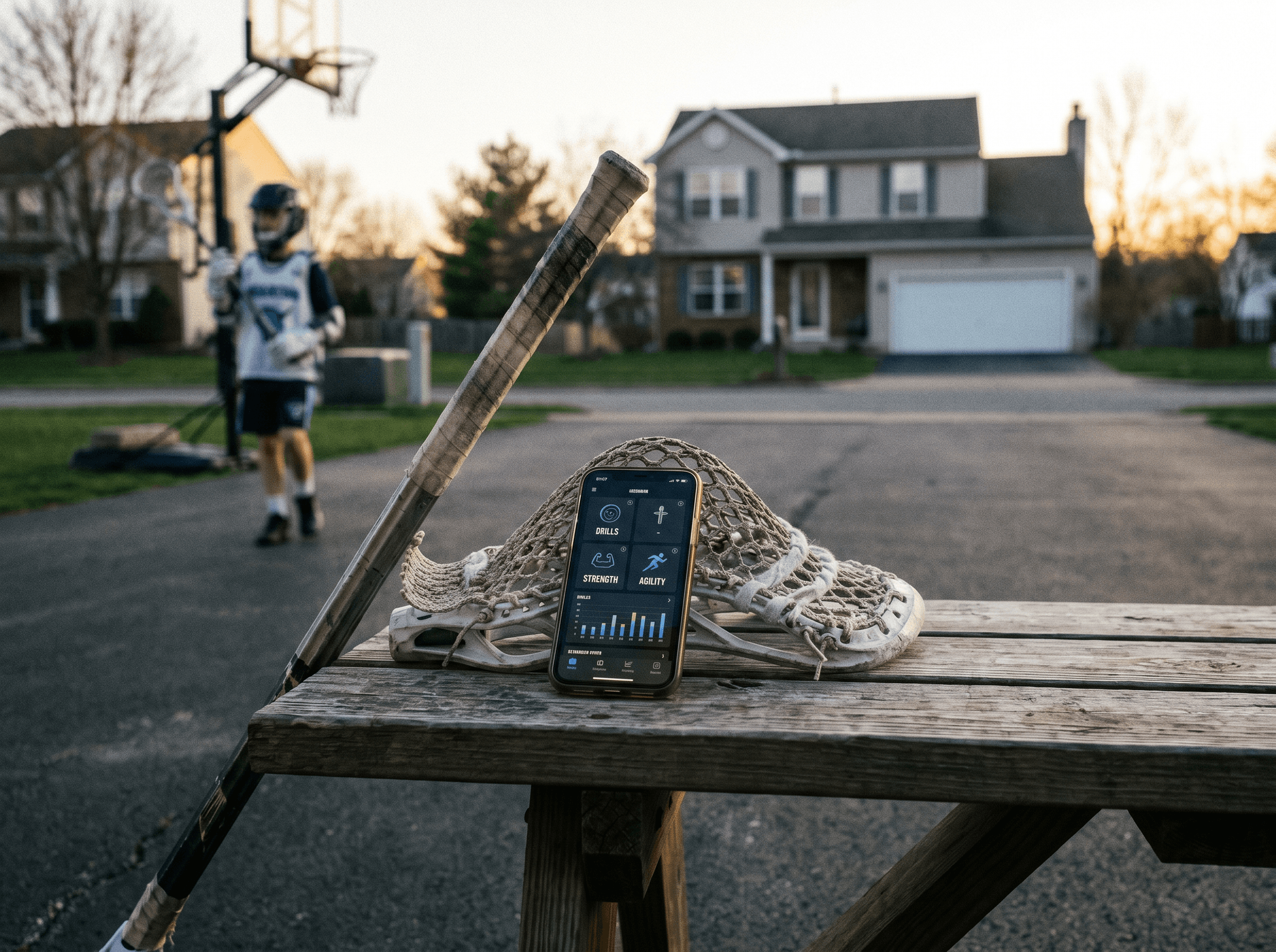 A youth lacrosse player holding a phone with a workout app, stick in hand on a suburban driveway