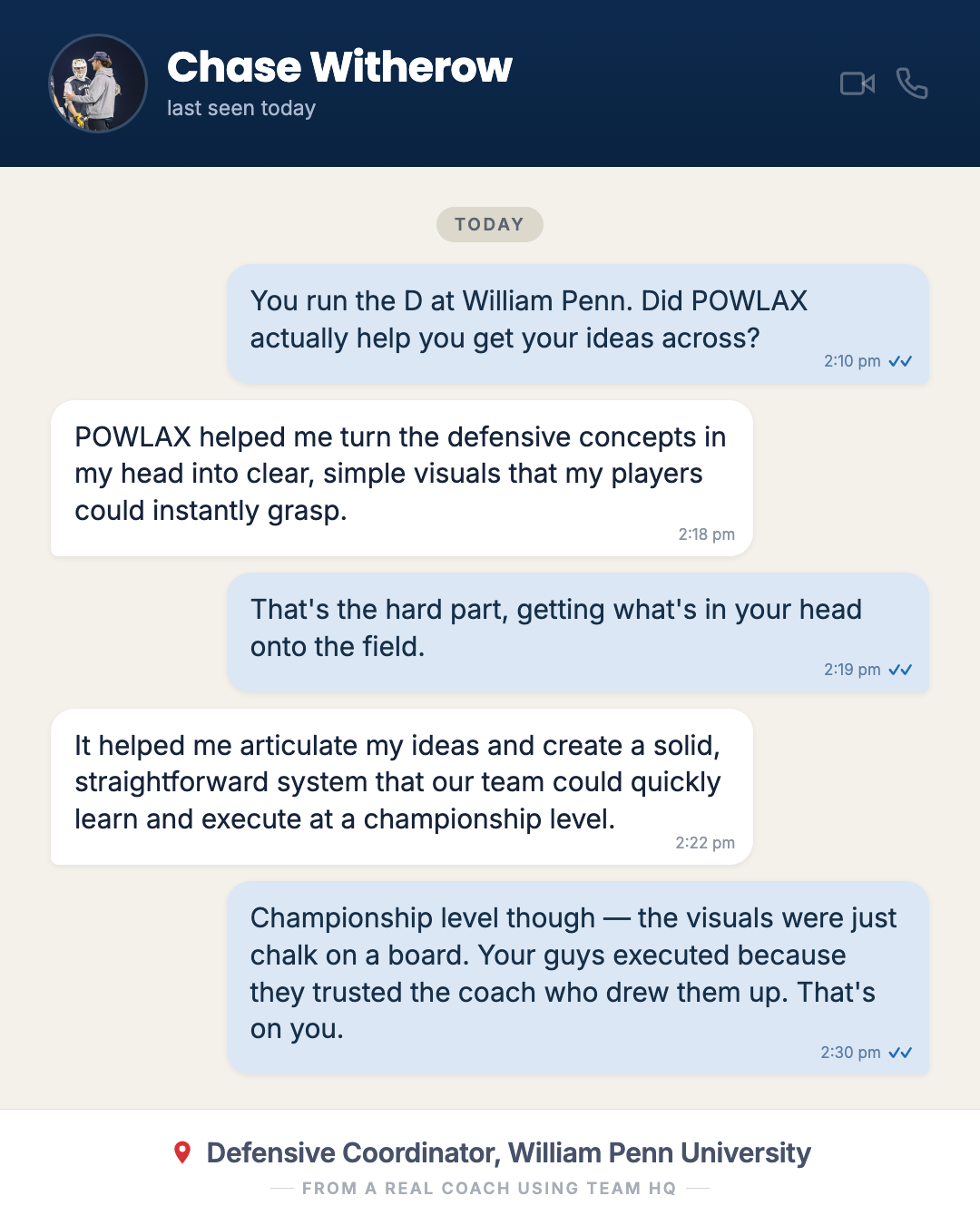 Chase Witherow, defensive coordinator at William Penn University: POWLAX helped his team learn and execute at a championship level.